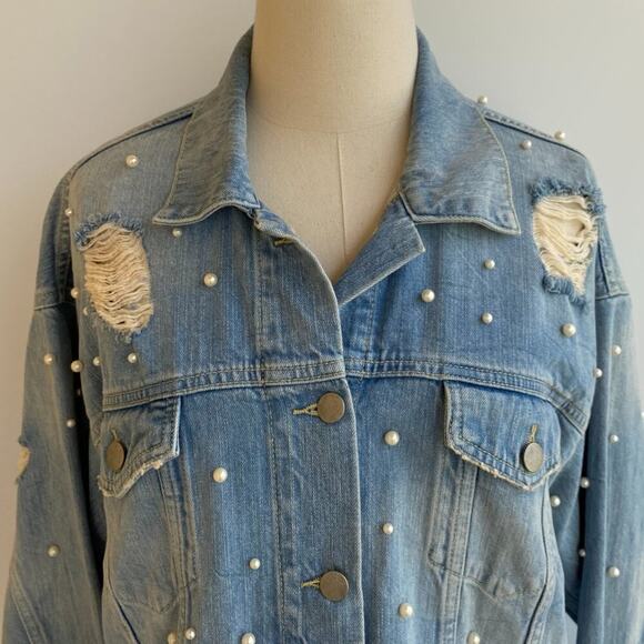 Free People Sunday Funday Pearl  Denim Jacket sz S - Picture 9 of 14